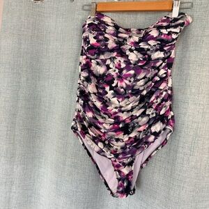 Floral One Piece Swimsuit Purple Pink Black Ruched Tummy Control – Size XL